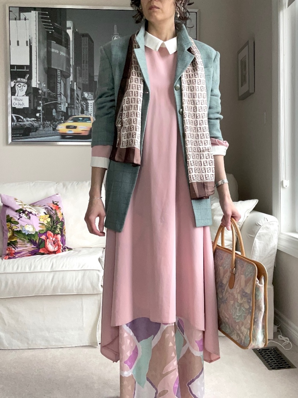Pink midi flowy dress with white accent collar and cuffs